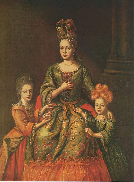 Anastasia Naryshkina, wearing fontange, with her daughters Alexandra and Tatyana